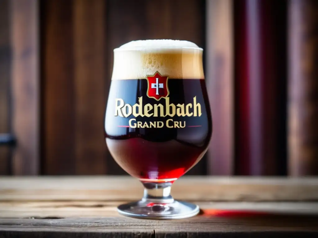 Cerveza Rodenbach Grand Cru, color rubí intenso Vaso de Rodenbach Grand Cru, cerveza roja rubí con espuma blanca