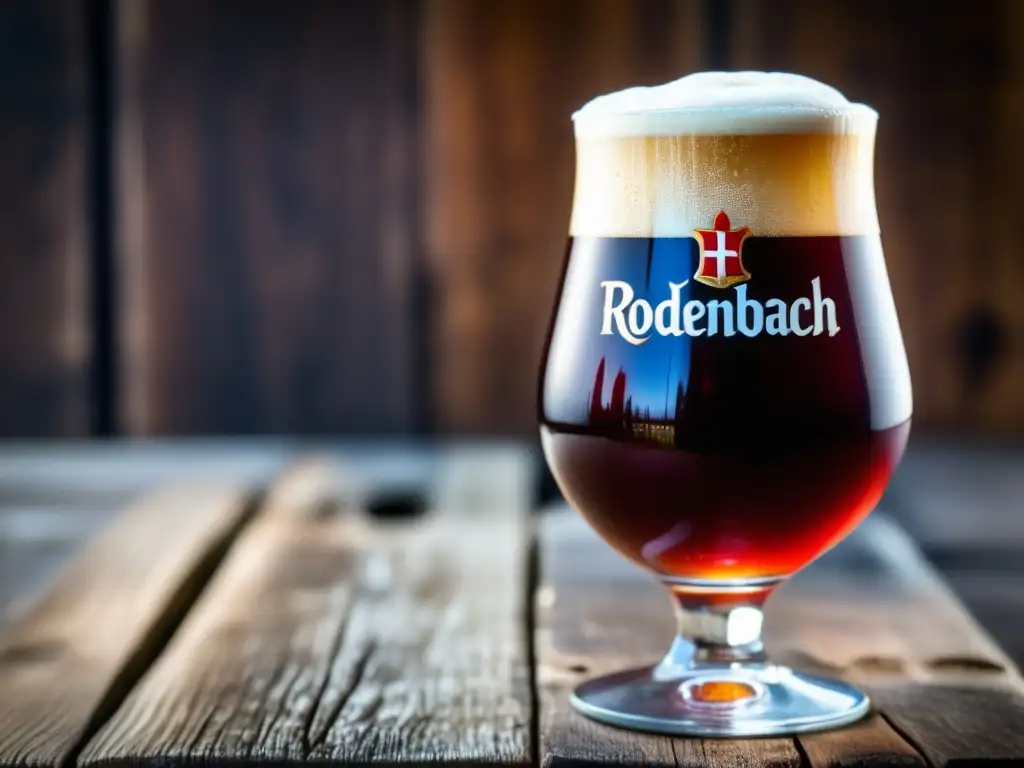 Cerveza Rodenbach Grand Cru en mesa rústica Una cerveza Rodenbach Grand Cru, una Flanders Red Ale, en una mesa de madera rústica