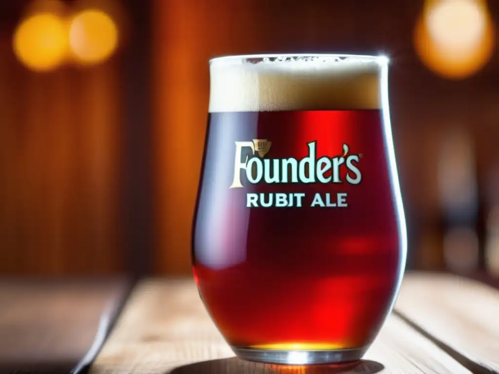 Cerveza Founders' Rubaeus Fruit Ale en vaso, color rojo rubí, burbujas y espuma delicada