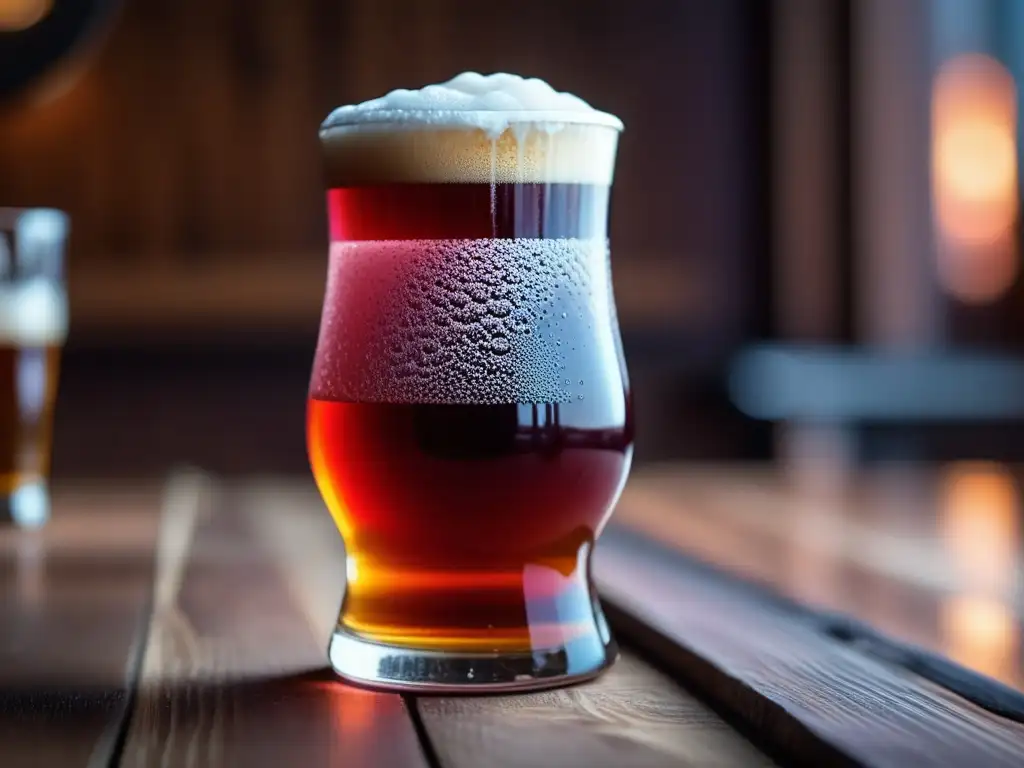 Detallada imagen de una cerveza Fruit Ale roja y espumosa, resaltando su sabor y elegancia