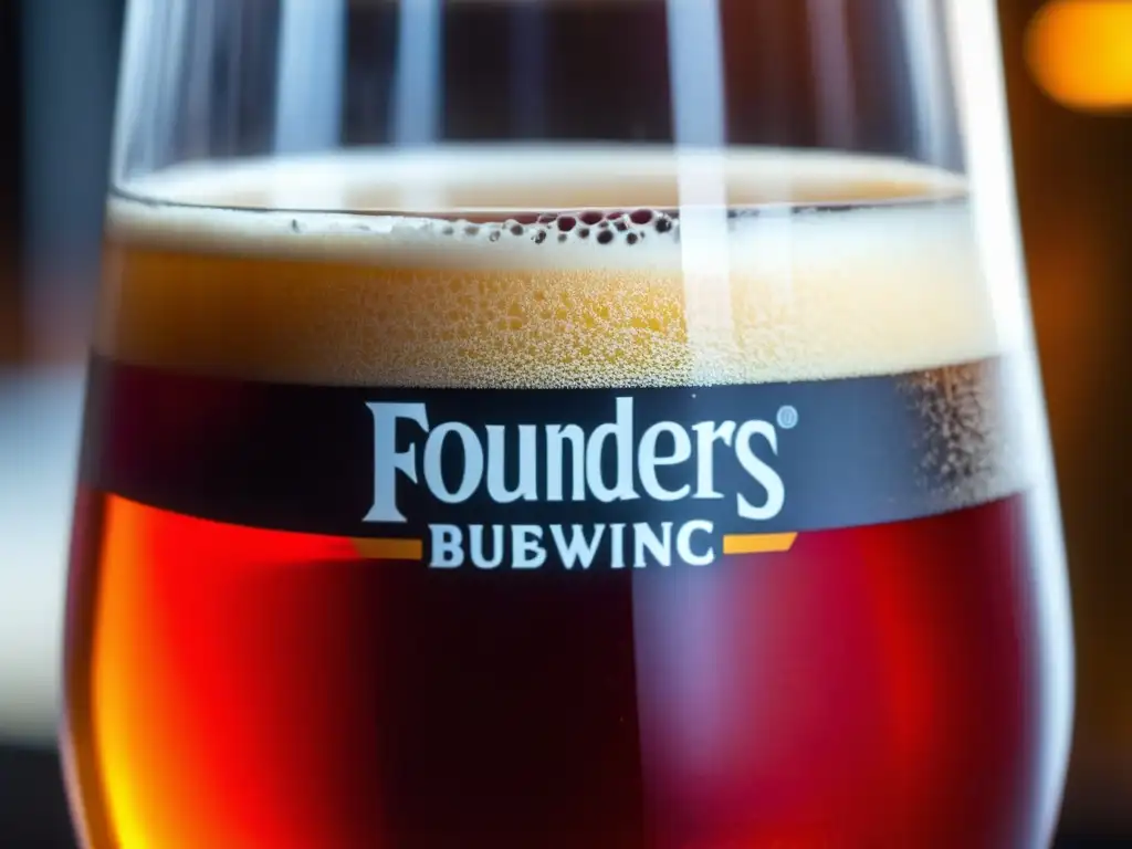 Cerveza Rubaeus de Founders Brewing Co, Fruit Ale con burbujas y espuma blanca cremosa