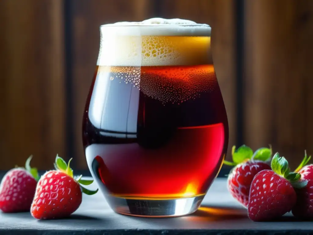 Cerveza Fruit Ale con frutas vibrantes, burbujas efervescentes y tono rubí intenso
