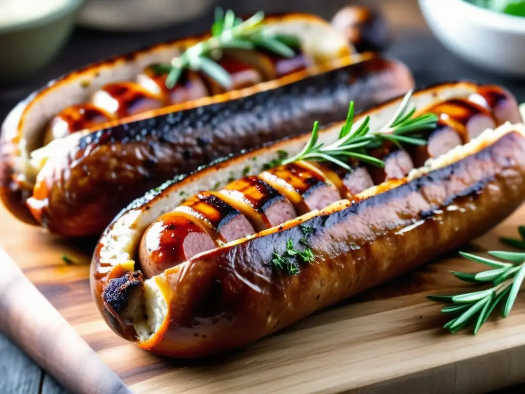 Delicioso bockwurst a la parrilla Deliciosa bockwurst a la parrilla con hierbas frescas y atractivo colorido