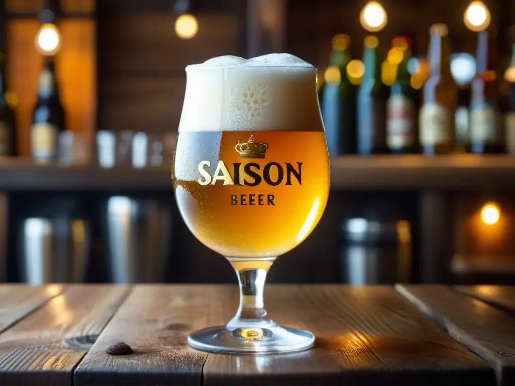 Cerveza Saison y platos gourmet en mesa rústica Saisons y Fermentos: Cerveza saison dorada con espuma abundante y platos gourmet en mesa de madera