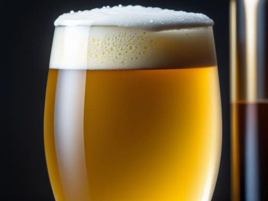 Cerveza Saison dorada en copa elegante Copa elegante con cerveza Saison dorada, espuma blanca y detalles grabados