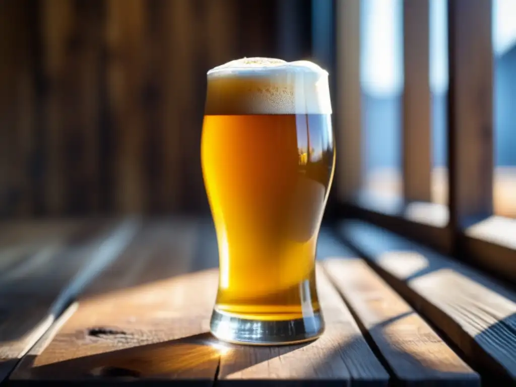 Cerveza Saison Dupont: Elegancia y sofisticación Cerveza Saison Dupont dorada en copa, elegante y sofisticada en mesa de madera rústica
