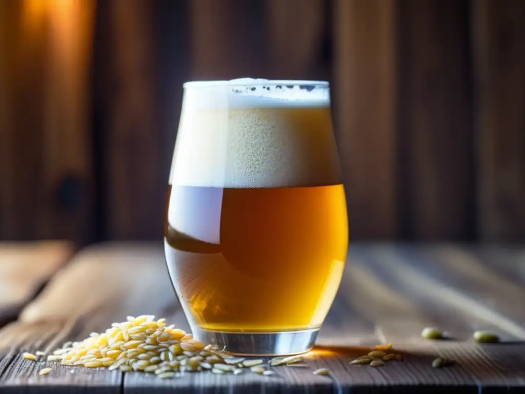 Cerveza artesanal dorada con espuma y condensación Cerveza Saison Dupont dorada con espuma abundante en una mesa de madera rústica rodeada de granos de cebada y lúpulo