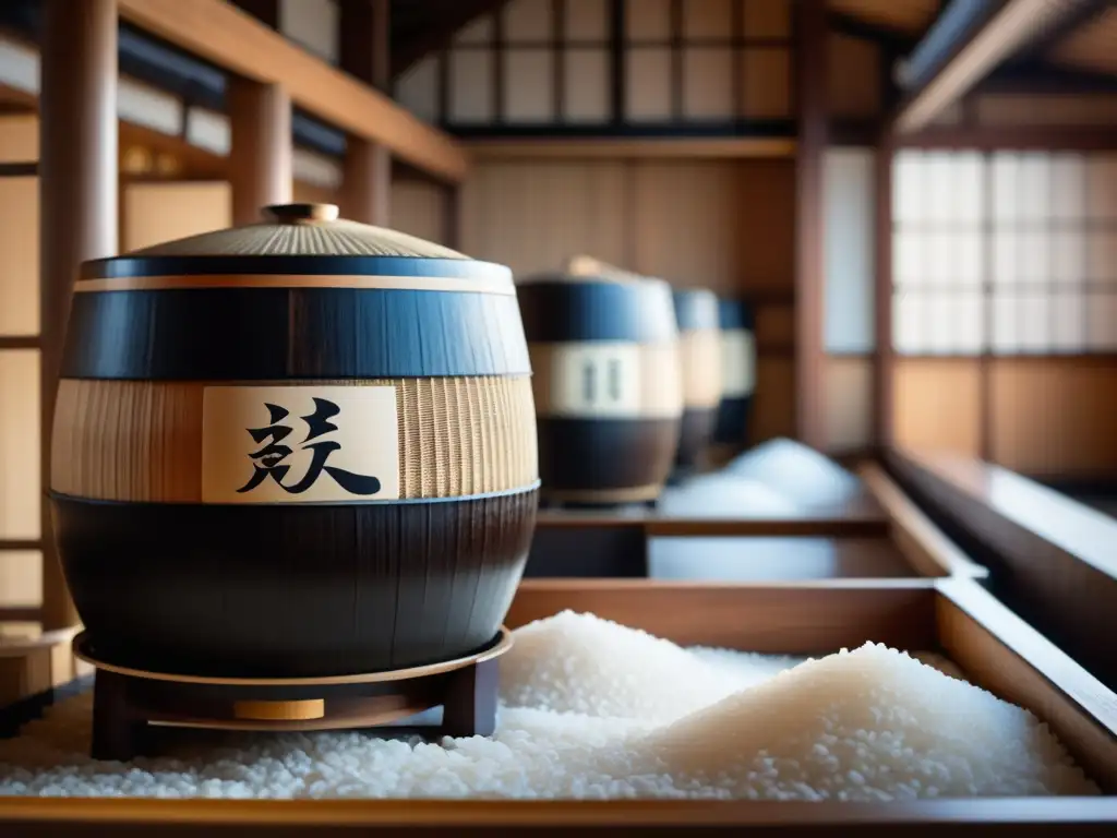 Bodega tradicional de sake japonés Bodega japonesa de sake: proceso detallado de elaboración, barriles de madera, arroz al vapor y artesanos expertos