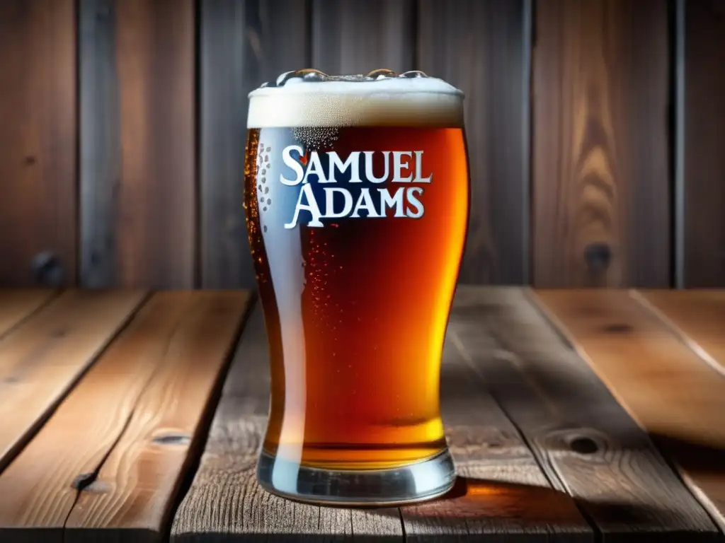 Cerveza Samuel Adams Boston Lager en mesa de madera Cerveza Samuel Adams Boston Lager en vaso de vidrio en mesa de madera rústica, con burbujas y condensación