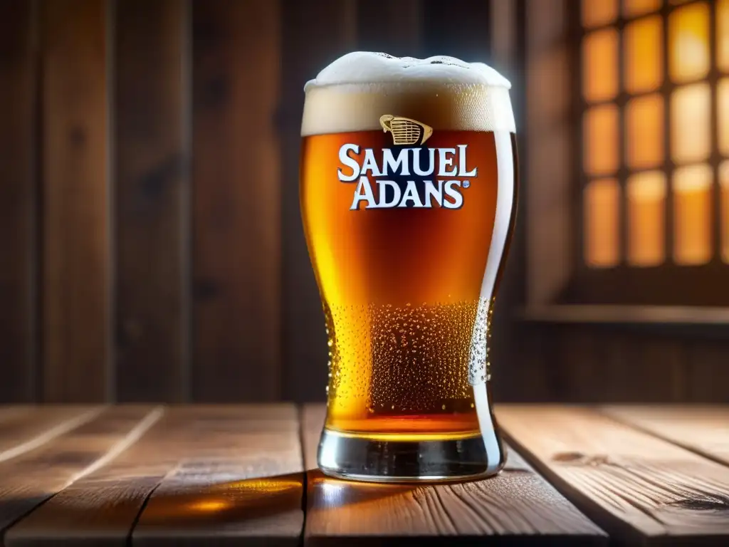 Cerveza Samuel Adams Boston Lager en vaso de vidrio Cerveza Samuel Adams Boston Lager en vaso, refrescante y elegante
