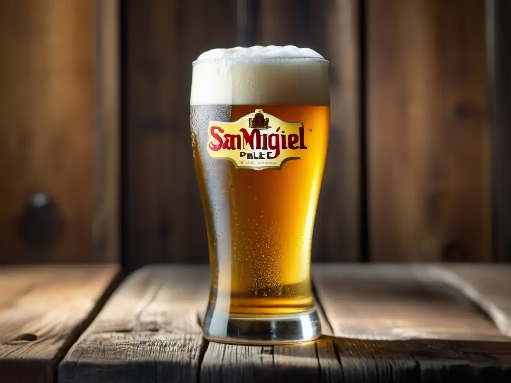 Cerveza San Miguel Pale Pilsen en mesa rústica Imagen detallada: vaso de San Miguel Pale Pilsen en mesa rústica con cerveza dorada y espuma cremosa