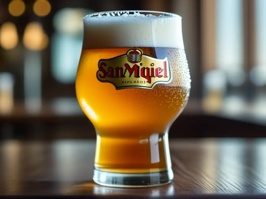 Cerveza San Miguel Pale Pilsen en vaso helado Cerveza San Miguel Pale Pilsen en vaso de cristal con delicada espuma dorada