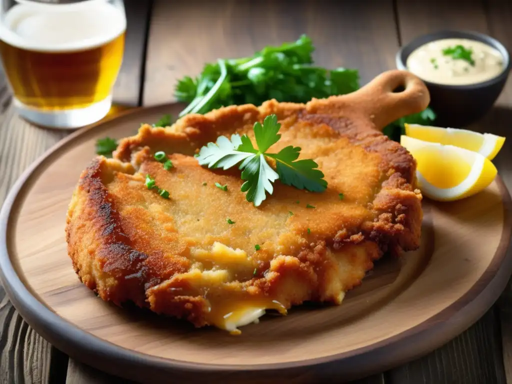 Delicioso Wiener Schnitzel y cerveza Lager Plato tradicional austriaco de Wiener Schnitzel con cerveza Lager dorada y paisaje alpino