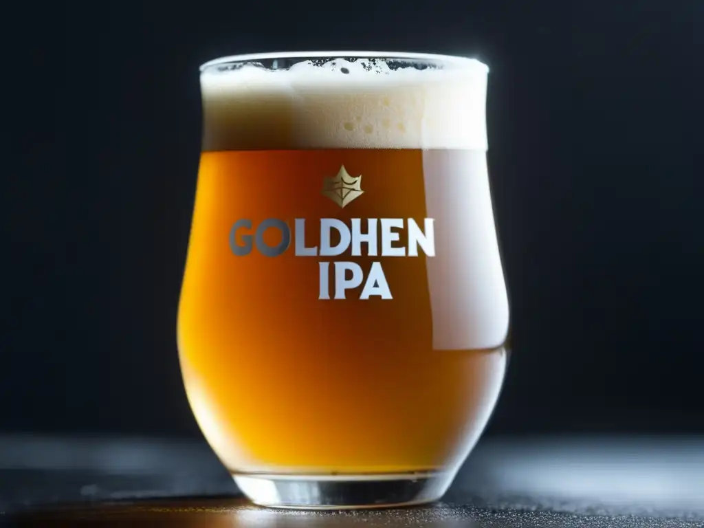 Cerveza Session IPA dorada con espuma blanca y burbujas, en vaso sobre fondo oscuro