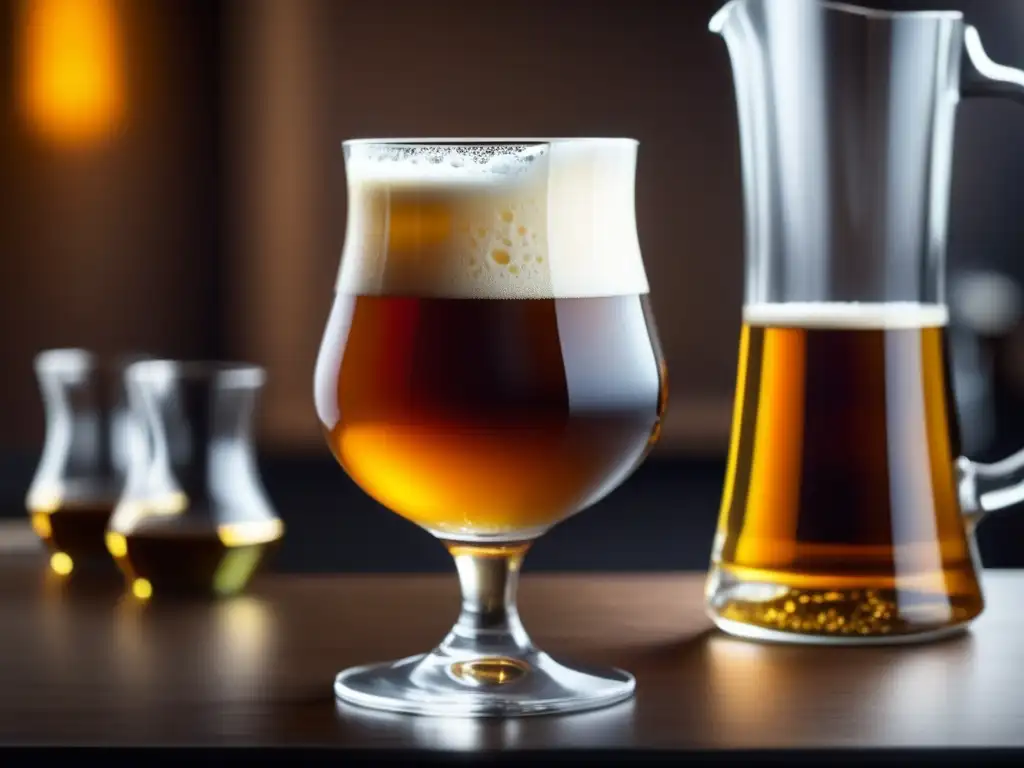 The image depicts a beer tasting set with a tulip-shaped glass, showcasing a rich amber-colored beer