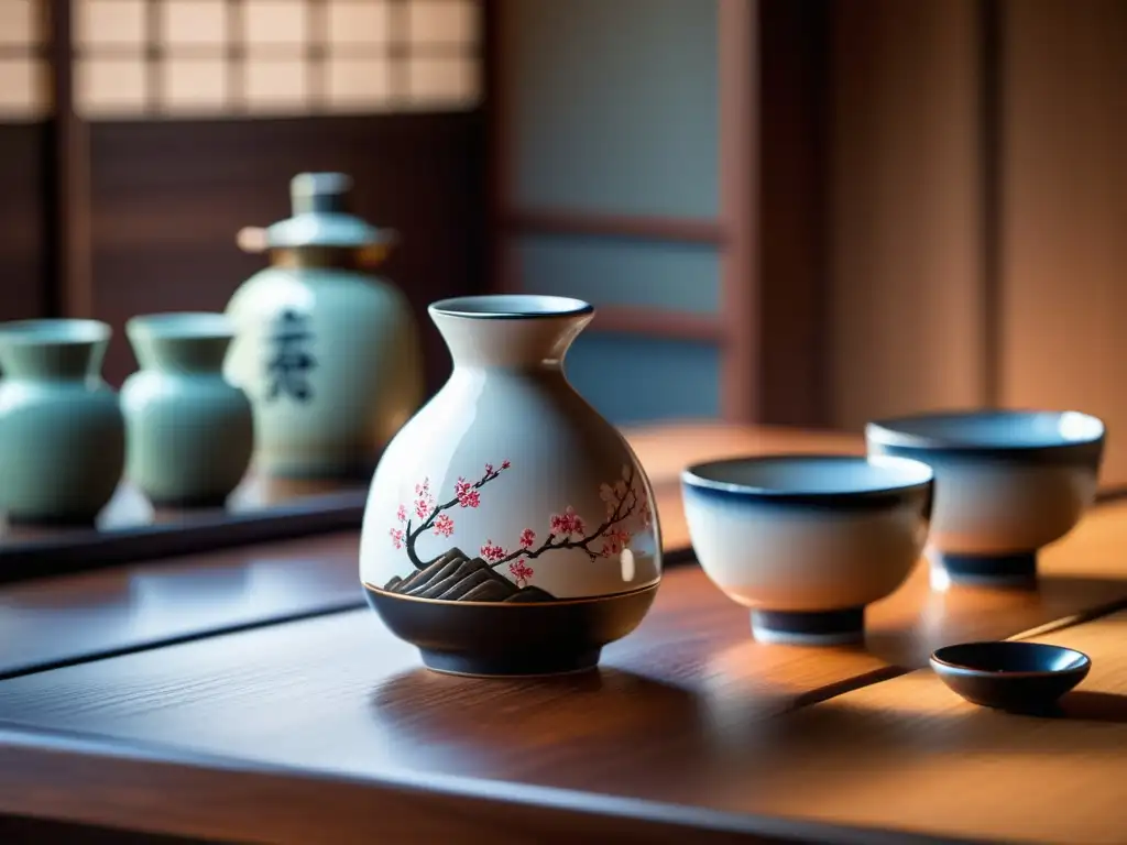 Sake set japonés en mesa de madera Juego de sake japonés en mesa de madera - Japón