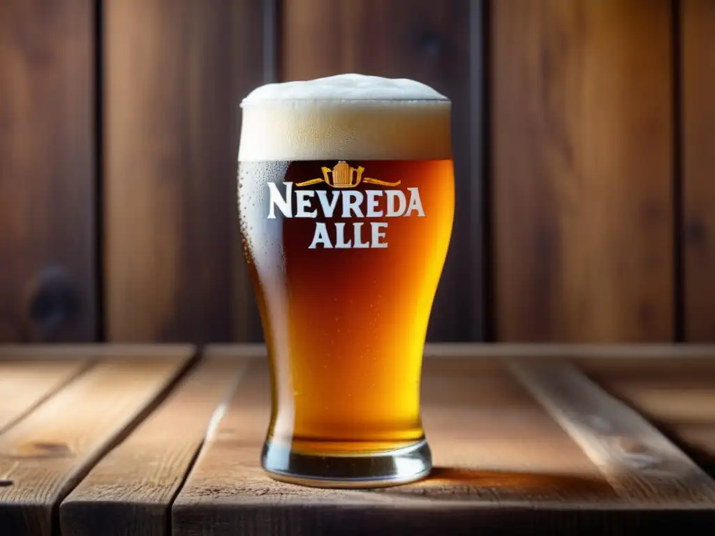 Cerveza Sierra Nevada Pale Ale en vaso Detalle ultradetallado de una cerveza APA de Sierra Nevada, en un vaso de cristal sobre una mesa de madera rústica