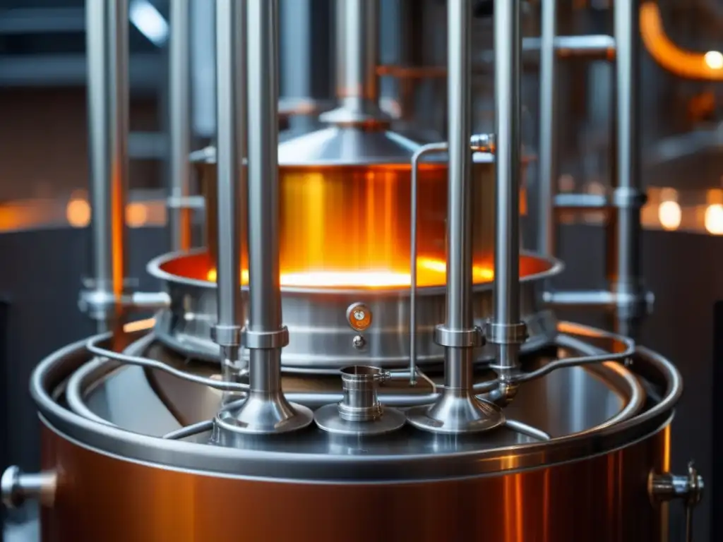 Sistema HERMS RIMS: Brewing vessel con líquido ámbar, tuberías y válvulas de acero inoxidable, efecto visual con vapor