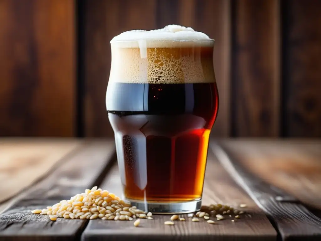 Pinta de cerveza Irish Ale en mesa de madera rústica, rodeada de cebada y lúpulo