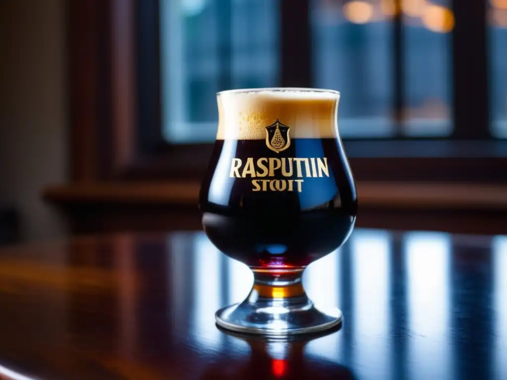 Snifter con Old Rasputin Imperial Stout: Cerveza oscura con espuma cremosa y burbujas, sobre mesa de madera rústica