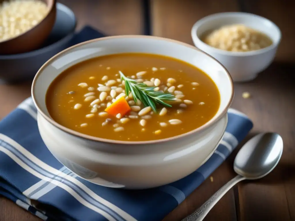 Sopa escocesa de cebada y ale Deliciosa sopa de cebada y ale escocesa, con cerámica rústica, toques elegantes, textura y calidez