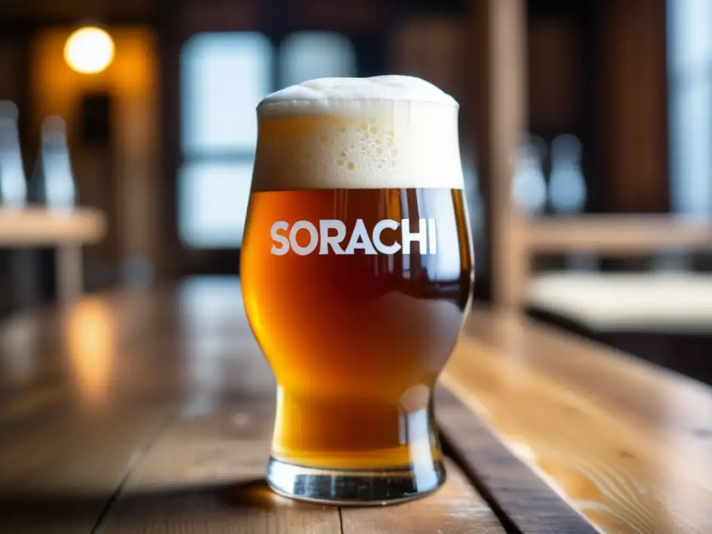 Cerveza Sorachi Ace en vidrio rústico Detallada imagen de una cerveza Sorachi Ace Farmhouse Ale dorada con espuma blanca en vaso sobre mesa de madera rustica