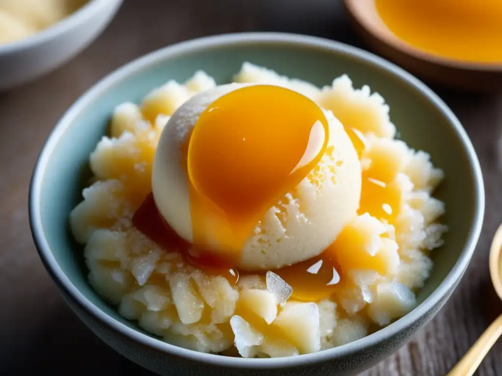 Delicioso sorbete de cebada y miel Sorbete de cebada y miel con textura detallada y patrones de miel ámbar, tonos ricos y textura aterciopelada - China Antigua