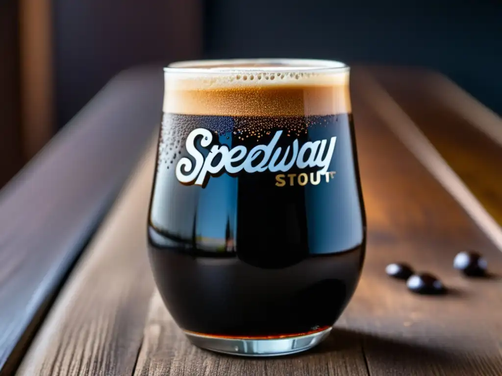 Exquisito vaso de Speedway Stout, con ribeye a la parrilla Imagen detallada de una copa rebosante de Speedway Stout, acompañada de un jugoso ribeye a la parrilla