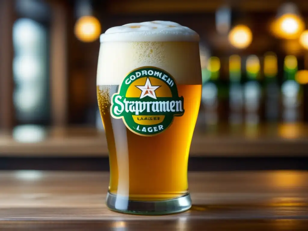Cerveza Staropramen dorada con espuma cremosa Vaso de Staropramen Czech Lager, cerveza dorada con espuma cremosa en un pub checo tradicional