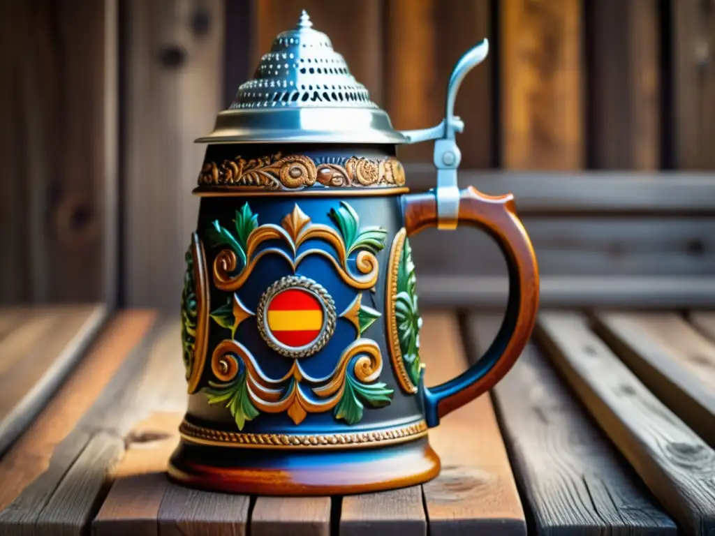Stein alemán tradicional con detalles y colores vibrantes Stein alemán detallado en mesa rústica - documental cervecerías alemanas