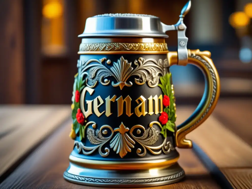 Detalle de una cerveza alemana en un stein tradicional Detalle de una cerveza alemana tradicional en un posavasos de madera - documental cervecerías alemanas