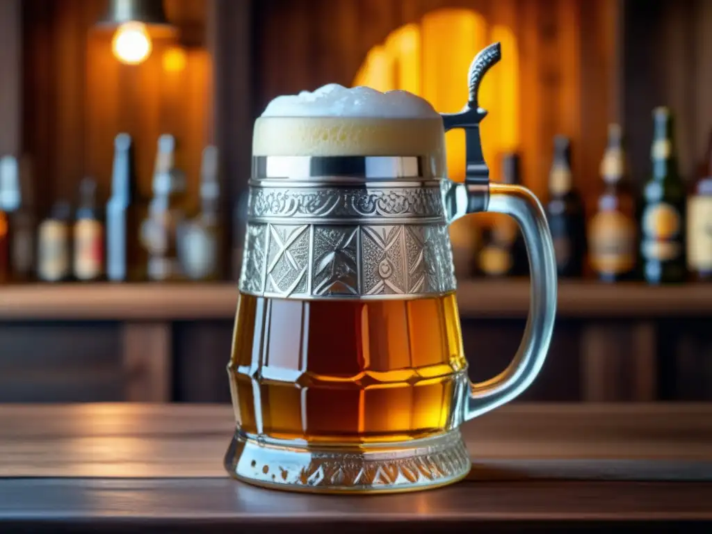 Cerveza artesanal y tradicional en stein en una mesa rústica Cerveza artesanal, tradición y modernidad en stein de madera