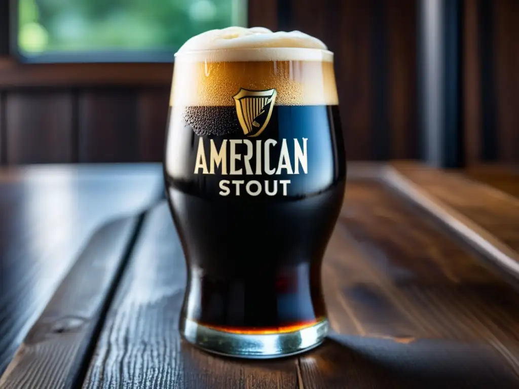 Cerveza Stout americana en mesa de madera American Stout en copa de vidrio lleno hasta el borde, color ébano, espuma cremosa y detalles exquisitos