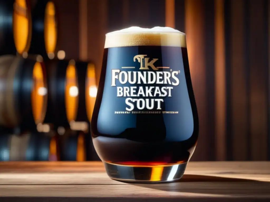 Cerveza artesanal Kentucky Breakfast Stout Cerveza Stout Kentucky Breakfast: imagen realista de un vaso lleno de Founders Kentucky Breakfast Stout, con color oscuro y espuma cremosa
