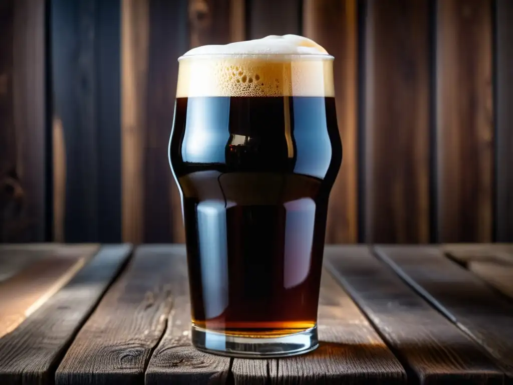 Cerveza stout en vaso de cristal Pinta de cerveza stout en mesa de madera - Estilos básicos