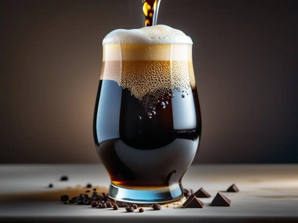 Cerveza negra de chocolate en vaso Cerveza stout de chocolate: imagen en alta definición muestra la cascada seductora y cremosa de la cerveza al ser vertida en una copa