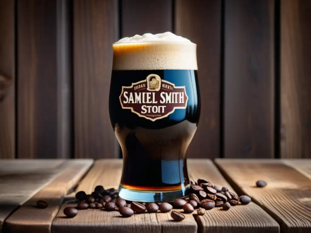 Cerveza Oatmeal Stout con cabeza cremosa Cerveza Stout Samuel Smith's Oatmeal - Rica y oscura, con espuma cremosa, sobre mesa de madera rústica