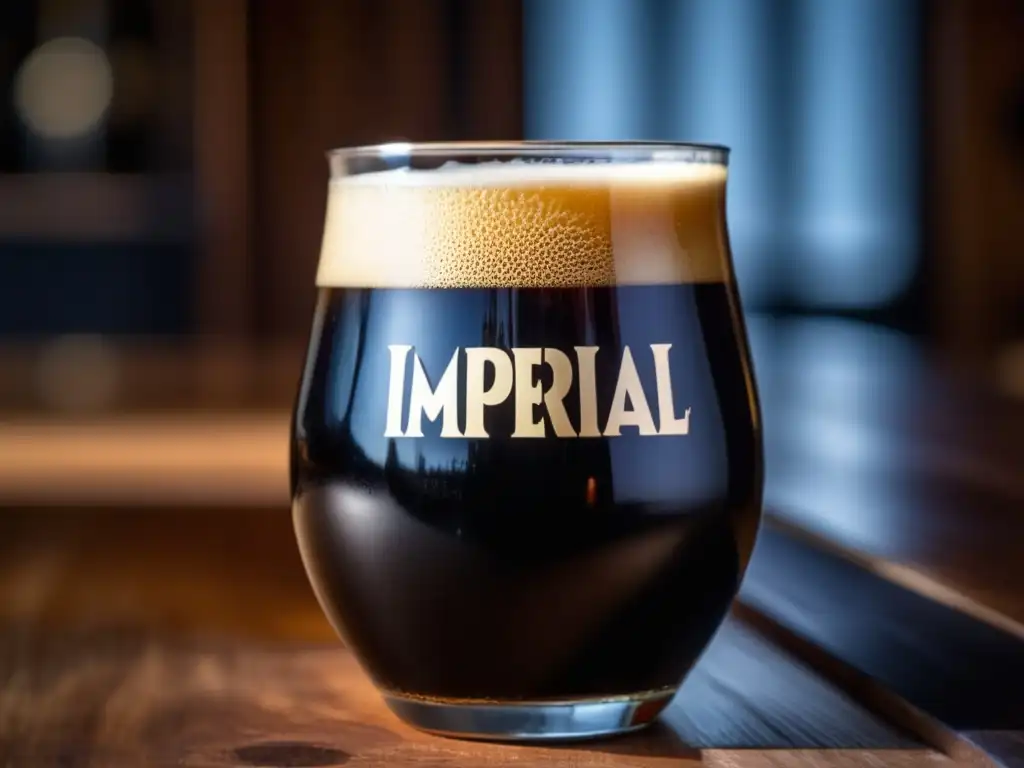 Cerveza Imperial Stout oscura en vaso, contrastando colores y texturas