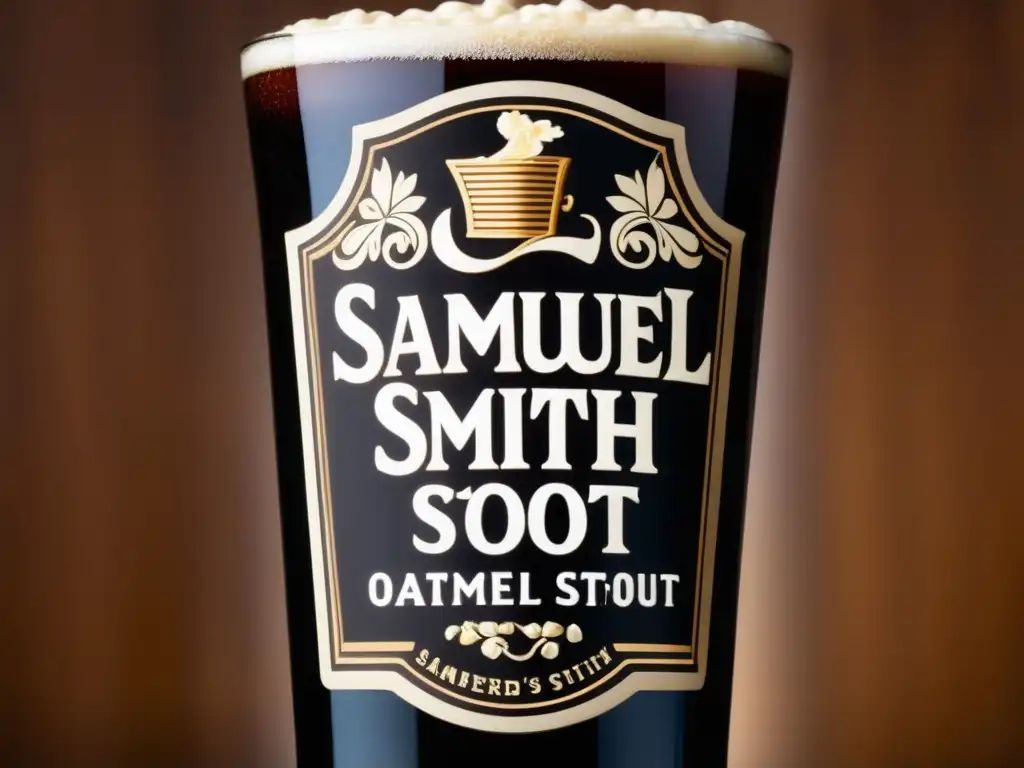 Cerveza negra, elegante y sofisticada Pintura de cerveza Samuel Smith's Oatmeal Stout, color marrón oscuro, espuma cremosa y burbujas en el vidrio