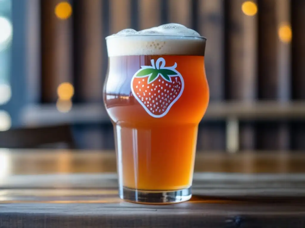 Pinta detallada de cerveza Strawberry Milkshake IPA en vaso, con fresas frescas y vainilla -