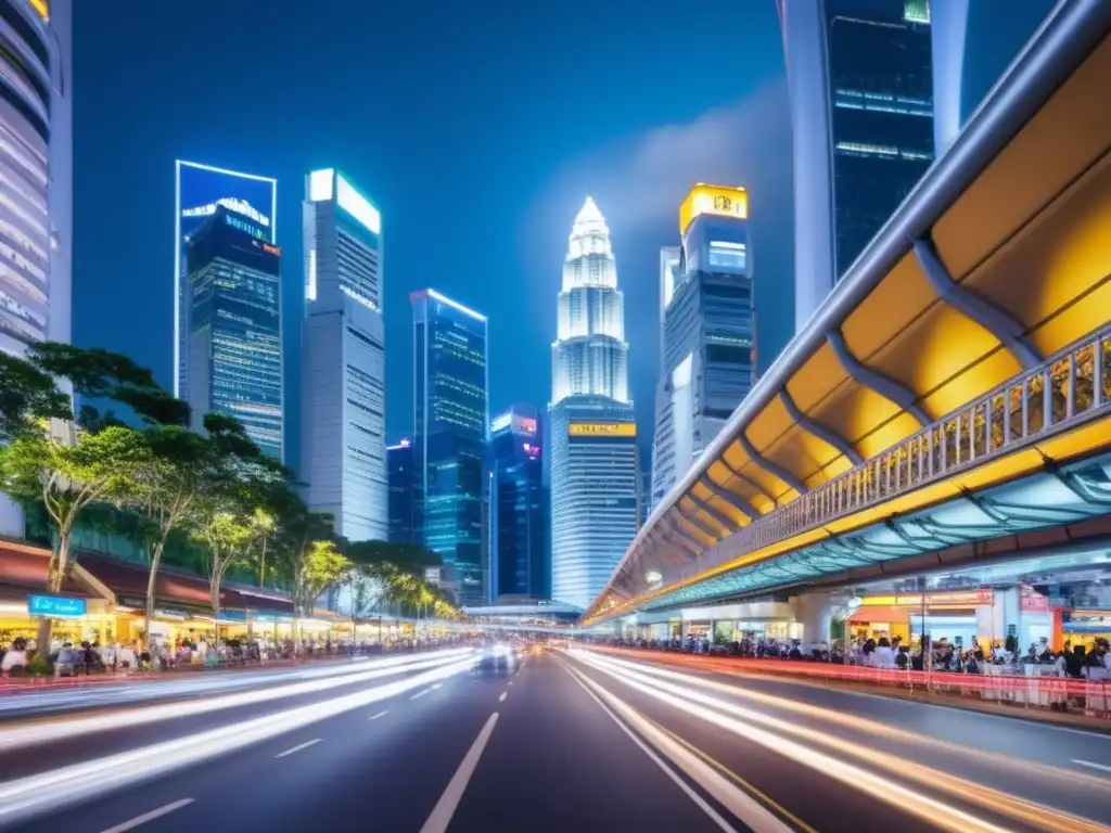 Calle transitada en Singapur: transporte vibrante Ruta por Singapur: transporte vibrante, redes de calles y puentes, detalles coloridos y tráfico bullicioso en una imagen evocadora