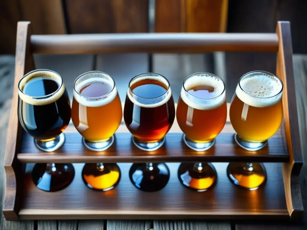 Cerveza artesanal en bandeja de madera Degustación de cervezas artesanales en una trayectoria por Polonia