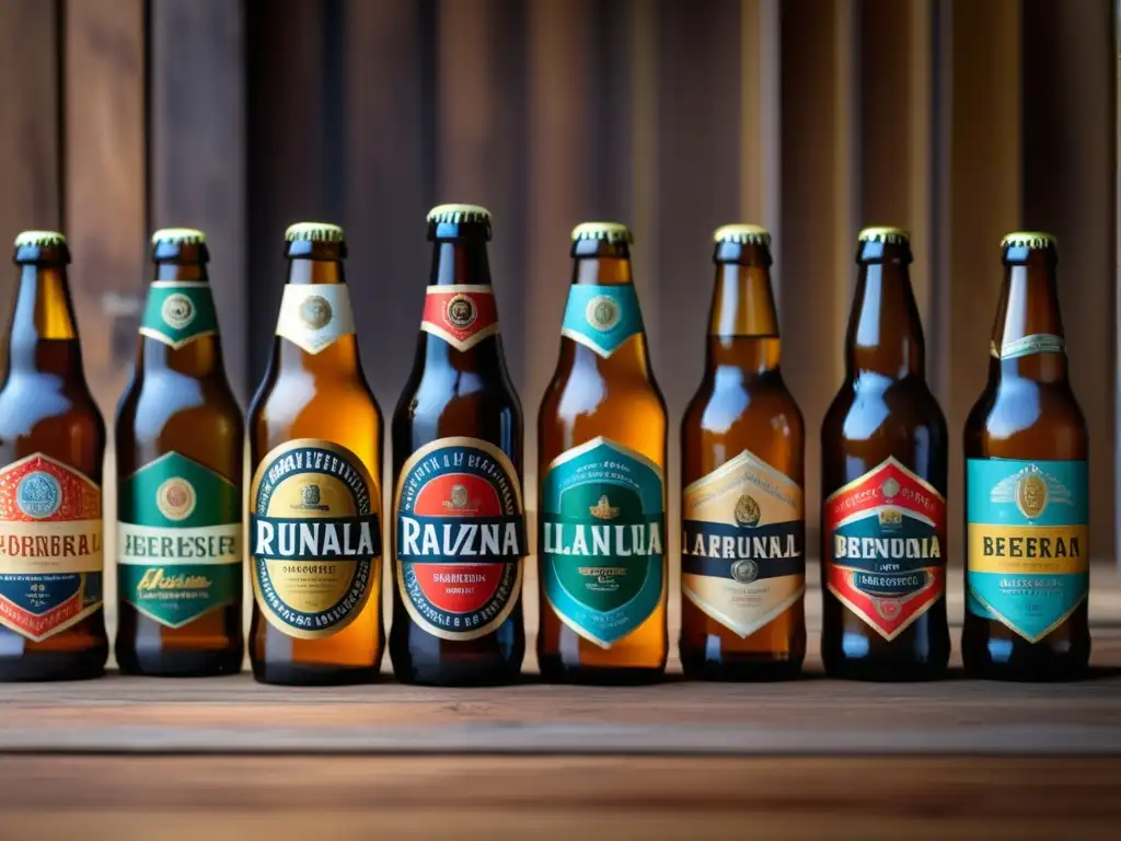 Botellas artesanales de cerveza de colores y etiquetas variadas, representando la asociación cervecera argentina