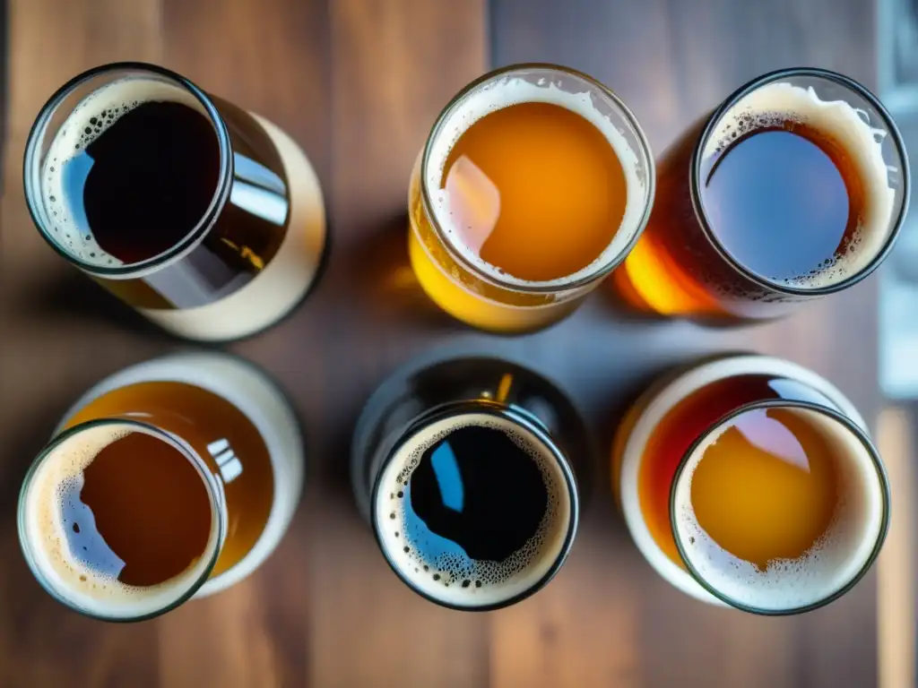 Variedad de cervezas artesanales en una presentación detallada Degustación de cervezas en Ámsterdam: variedad de estilos y colores, desde pale ales hasta stouts y IPAs