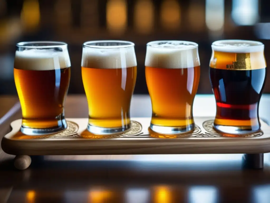 Variedad de cervezas artesanales en vuelo Degustación de cervezas artesanales en detalle, evitando la fatiga del paladar