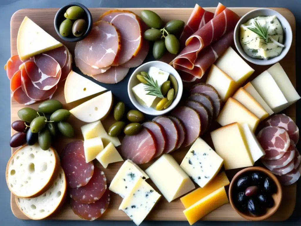Tabla charcutería variada y exquisita Tabla de embutidos, quesos y acompañamientos con rica variedad de sabores y texturas - cerveza de trigo americana