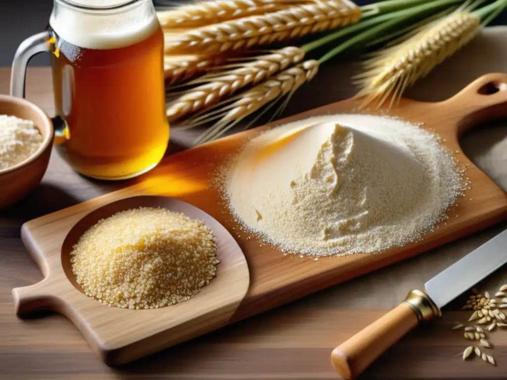 Tabla de cortar con ingredientes y bebida Tabla de cortar de madera con ingredientes: trigo, cerveza de trigo y miel dorada