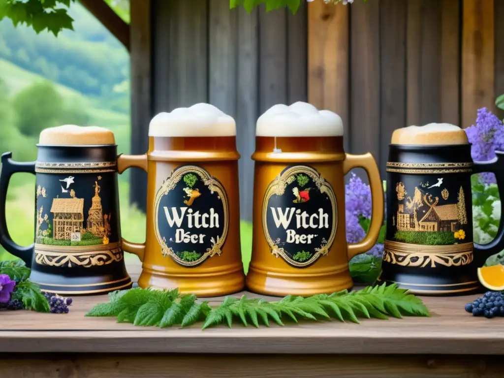 Mesa rústica con cervezas y motivos de Walpurgis Mesa de madera rústica con steins de cerveza decorados con motivos de brujas y símbolos de Walpurgis Night, rodeada de vegetación exuberante y flores