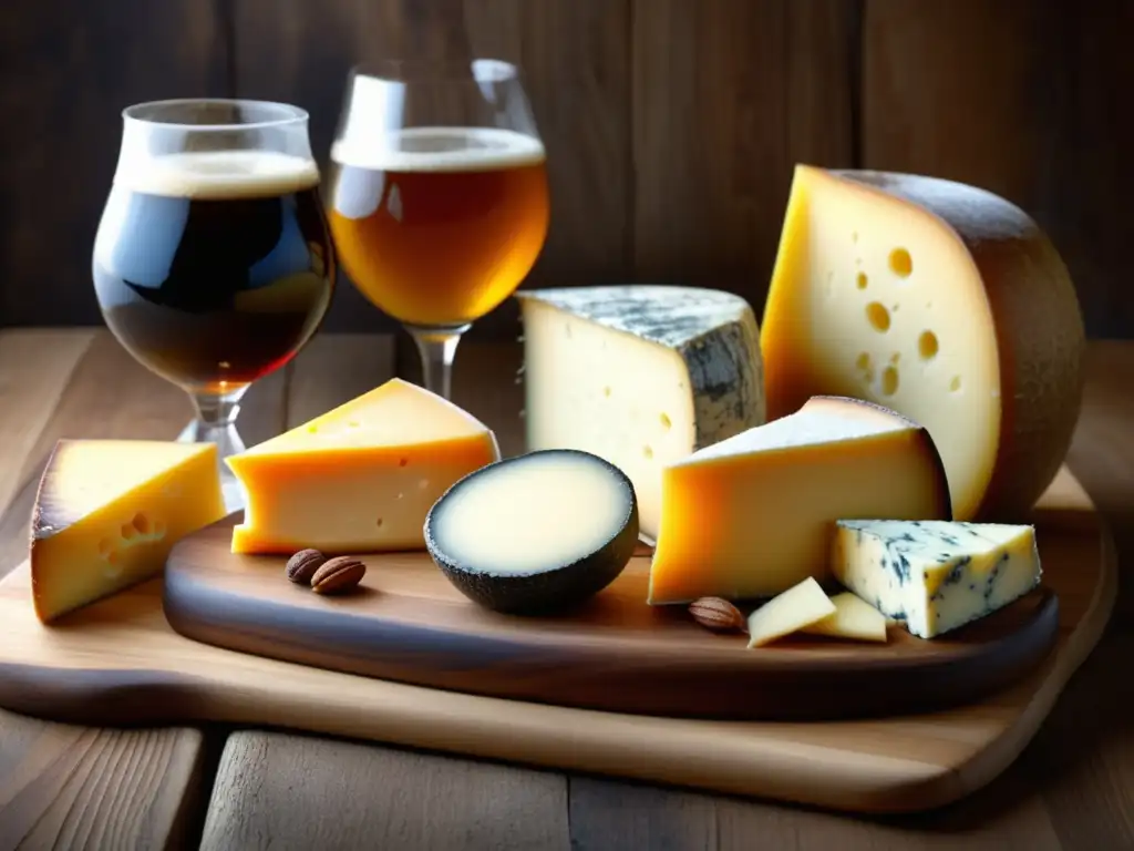 Tabla de quesos y cervezas artesanales Cervezas y quesos: plato de queso artesanal y cervezas artesanales perfectamente maridadas en una imagen detallada y elegante