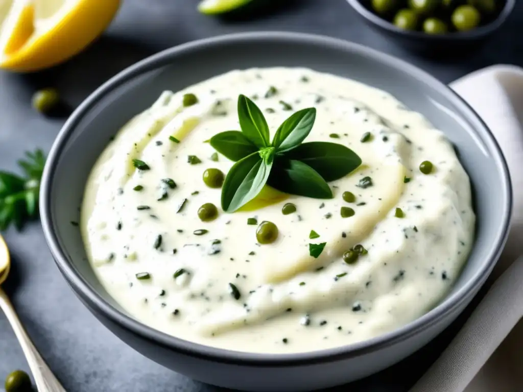 Deliciosa salsa tártara casera Deliciosa salsa tártara casera con textura cremosa y un toque de aceite de oliva
